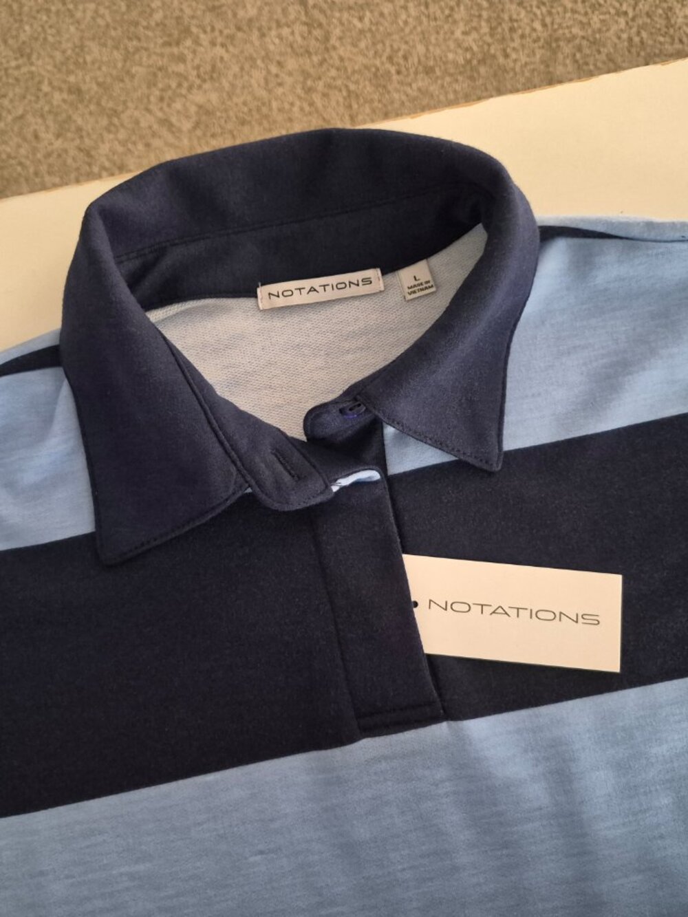 NOTATIONS Navy Blue Striped Long Sleeve Knit Polo Top; Size L - Picture 3 of 6